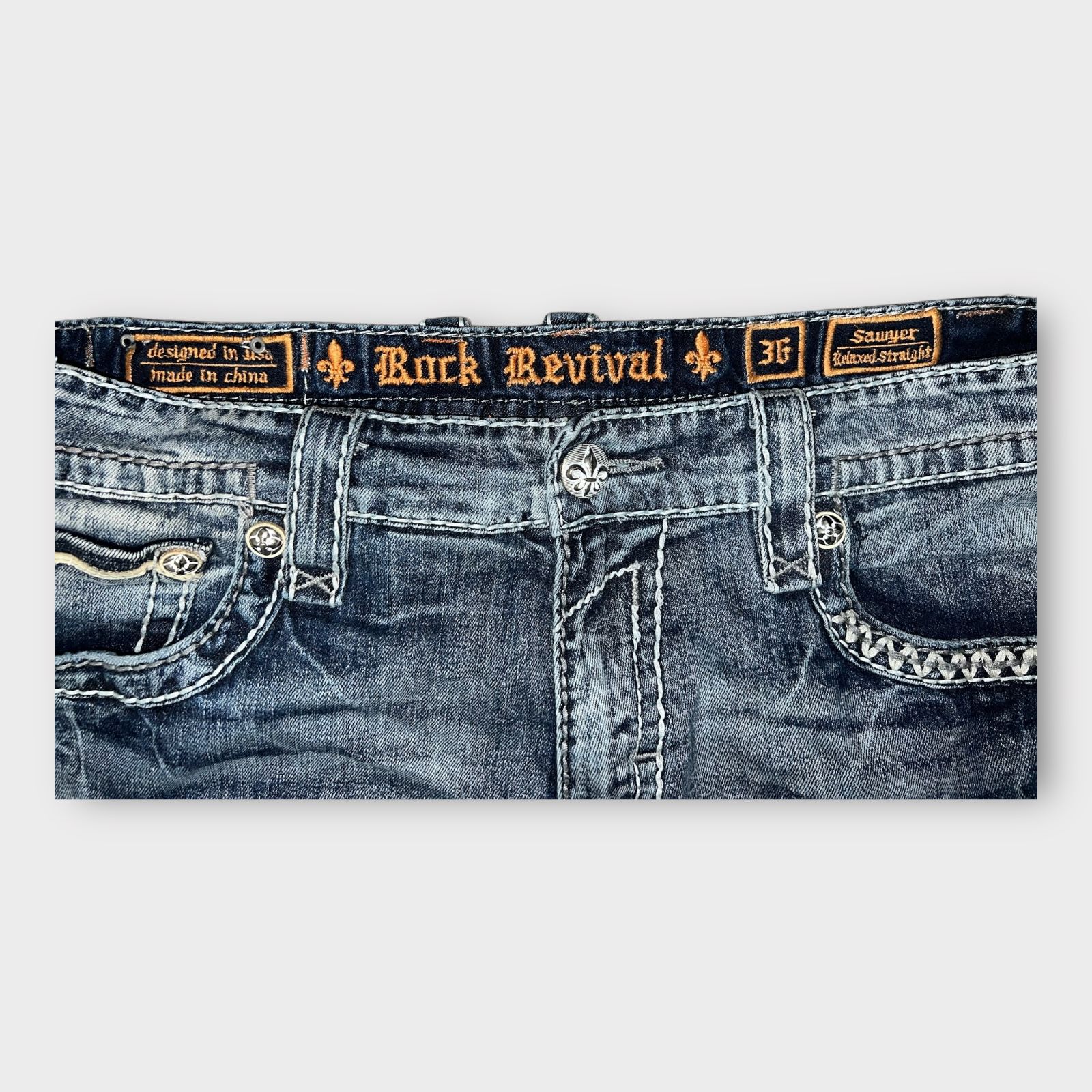 Rock Revival Jeans Men's 36 Blue Denim Sawyer Robin Relaxed Straight Stone Wash