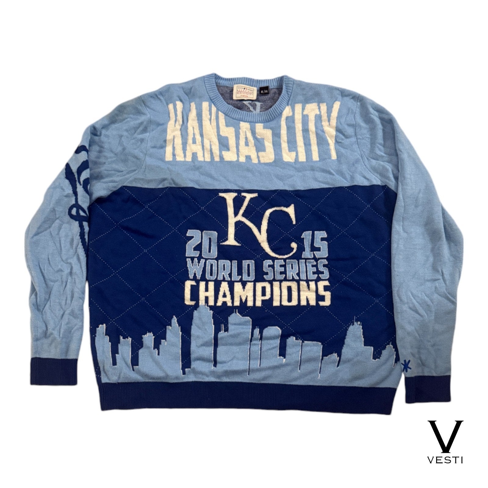 Kansas City Champions Sweater Mens 2XL Klew Light Blue Royals 2015 World Series