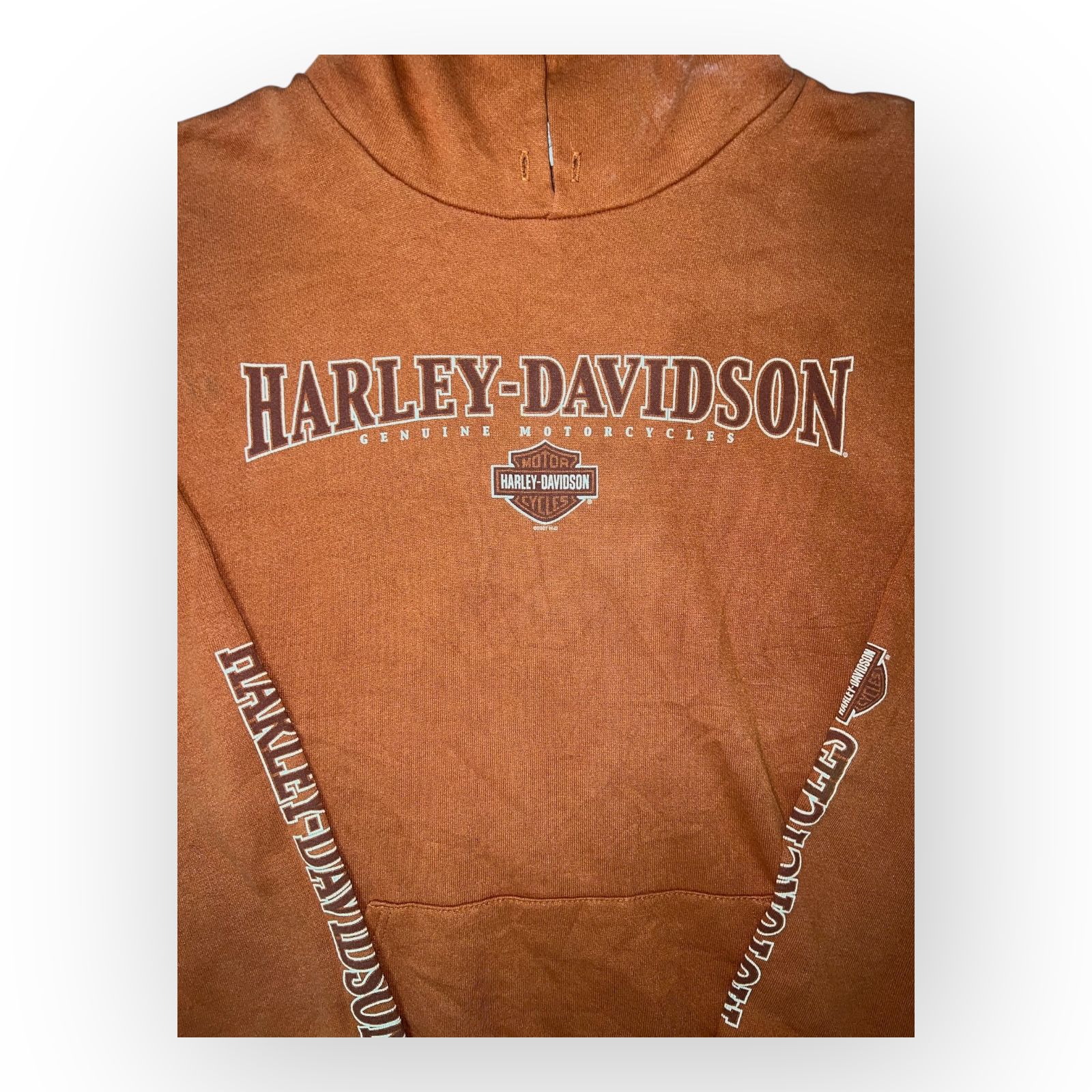 Harley Davidson Hoodie Mens Orange Orlando Florida USA Graphics Kangaroo Pocket