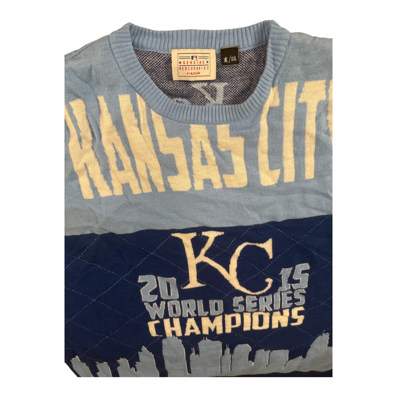 Kansas City Champions Sweater Mens 2XL Klew Light Blue Royals 2015 World Series