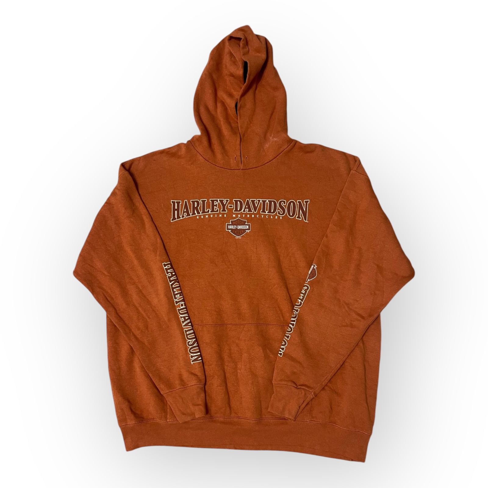 Harley Davidson Hoodie Mens Orange Orlando Florida USA Graphics Kangaroo Pocket