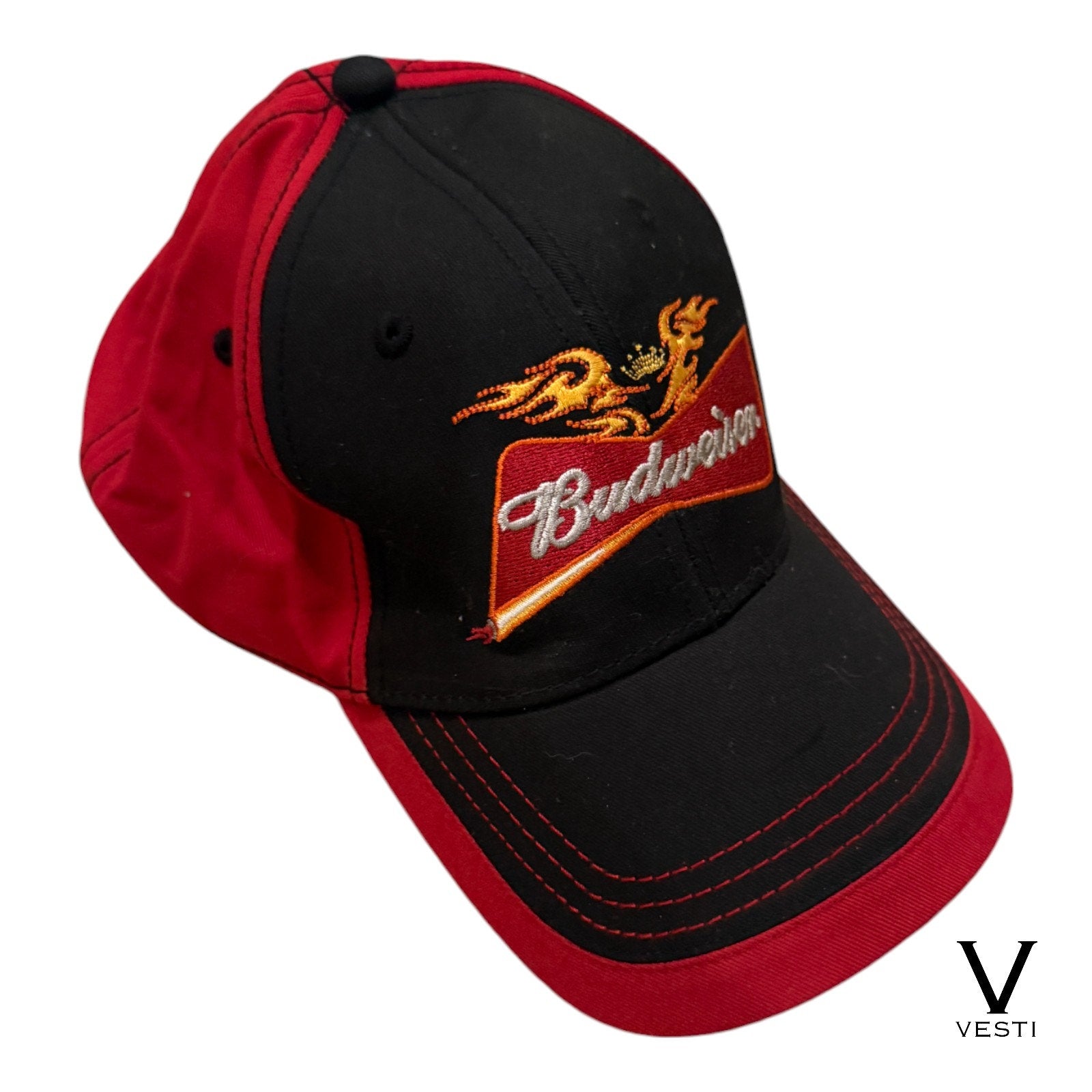 Vintage Budweiser Cap Hat Red Black Colorblock Flames Beer Bud 5-Panel Strapback