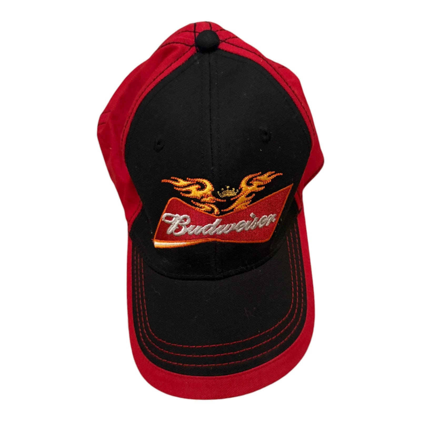 Vintage Budweiser Cap Hat Red Black Colorblock Flames Beer Bud 5-Panel Strapback