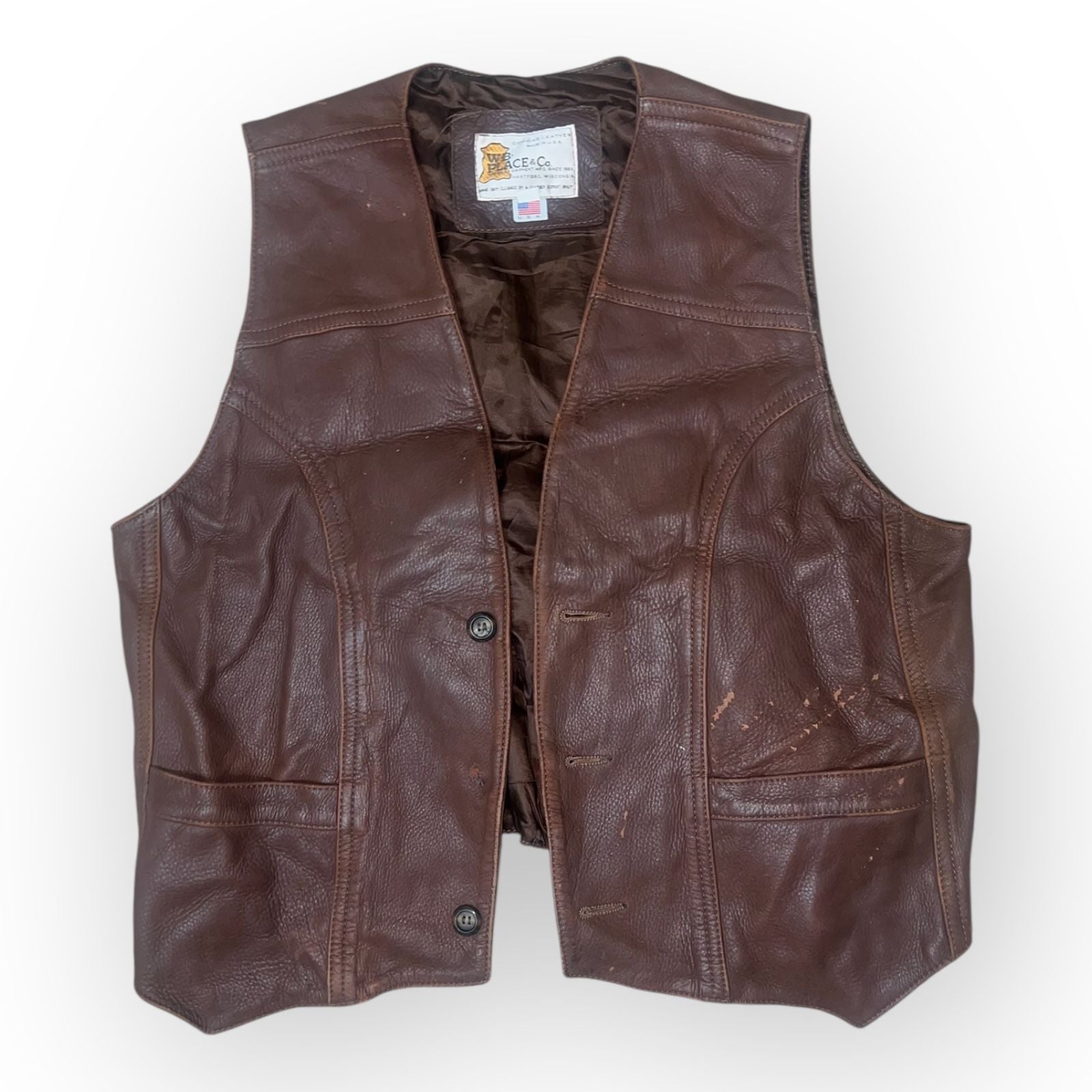 Vintage WB Place & Co Vest Mens Brown Leather Lined Western Biker Ranchwear